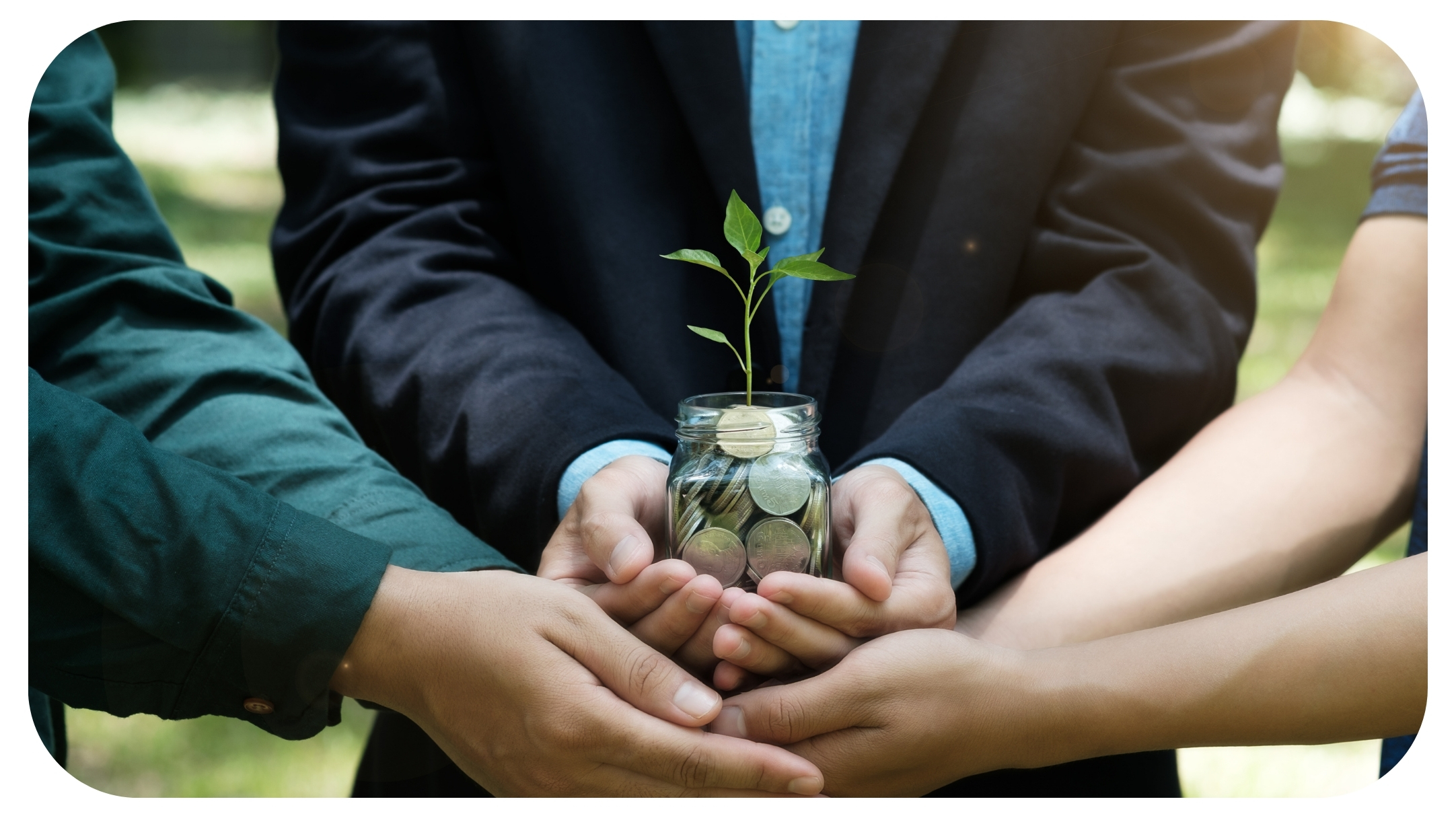 Businessman holding glass jar with coins and plant.